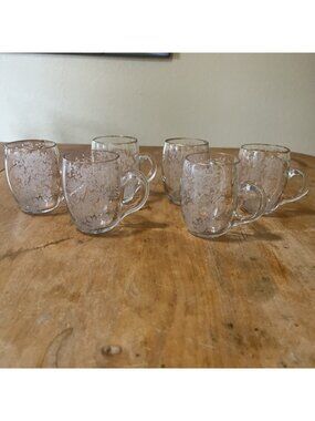 RARE GLASS Crystal Etched Handled Shot Whiskey Tumbler Mug  Set Of 6